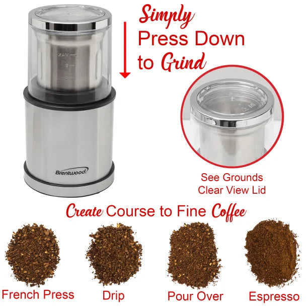 Brentwood® 75-Gram Electric Stainless Steel Wet-and-Dry Coffee Bean, Herb, and Spice Grinder with 2 Removable Bowls, CG-162S