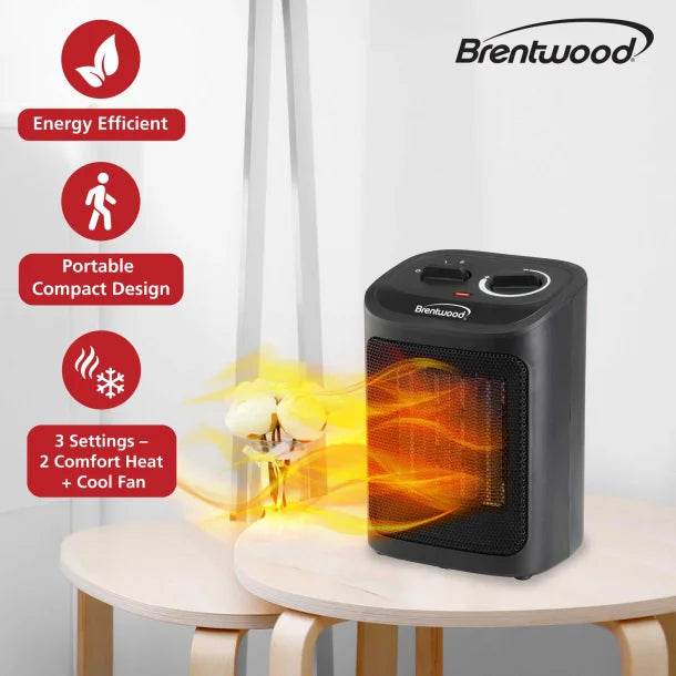 Brentwood® 1,500-Watt-Max Portable Ceramic Space Heater and Fan, Black, H-C1603BK