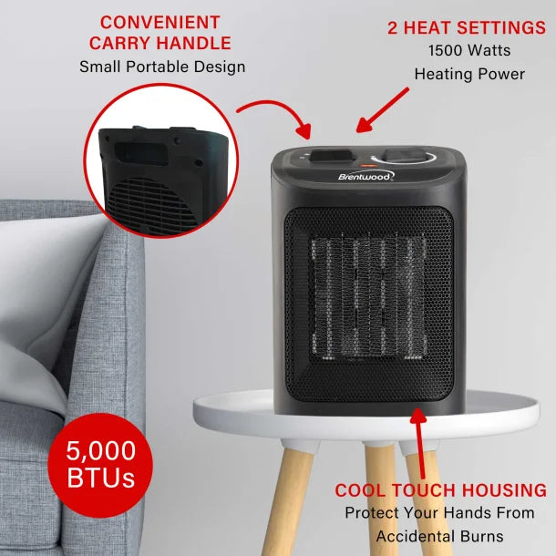 Brentwood® 1,500-Watt-Max Portable Ceramic Space Heater and Fan, Black, H-C1603BK