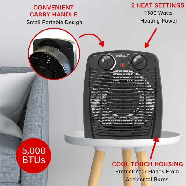 Brentwood® 1,500-Watt-Max Portable Electric Space Heater and Fan, Black, H-F305BK