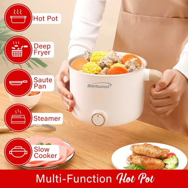 Brentwood® 1.6-Qt. Multi-Function Electric Hot Pot Cooker with Ceramic Non-Stick Coating, White, HP-3170W