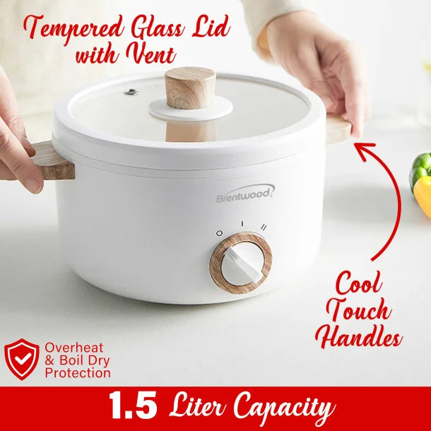 Brentwood® 1.6-Qt. Multi-Function Electric Hot Pot Cooker with Stainless Steel Food Steamer and Ceramic Non-Stick Coating, White, HPS-3162W