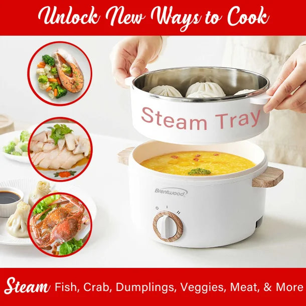 Brentwood® 1.6-Qt. Multi-Function Electric Hot Pot Cooker with Stainless Steel Food Steamer and Ceramic Non-Stick Coating, White, HPS-3162W