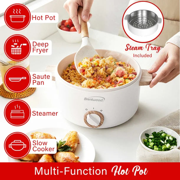 Brentwood® 1.6-Qt. Multi-Function Electric Hot Pot Cooker with Stainless Steel Food Steamer and Ceramic Non-Stick Coating, White, HPS-3162W