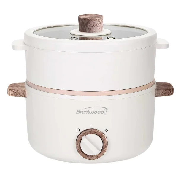 Brentwood® 1.6-Qt. Multi-Function Electric Hot Pot Cooker with Stainless Steel Food Steamer and Ceramic Non-Stick Coating, White, HPS-3162W