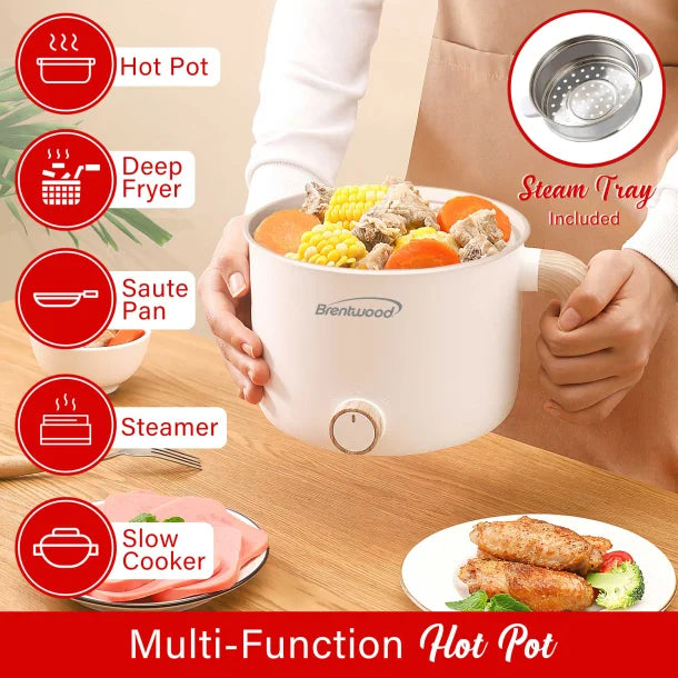 Brentwood® 1.6-Qt. Multi-Function Electric Hot Pot Cooker with Stainless Steel Food Steamer and Ceramic Non-Stick Coating, White, HPS-3172W