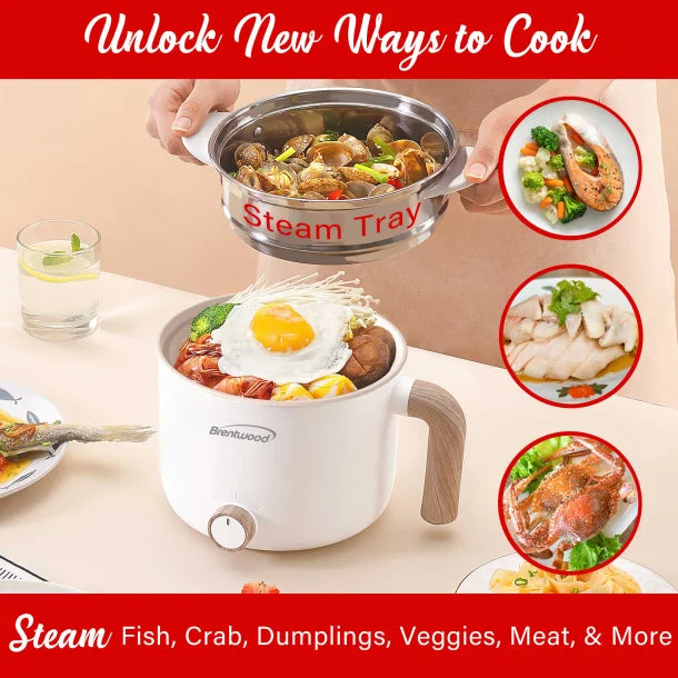 Brentwood® 1.6-Qt. Multi-Function Electric Hot Pot Cooker with Stainless Steel Food Steamer and Ceramic Non-Stick Coating, White, HPS-3172W