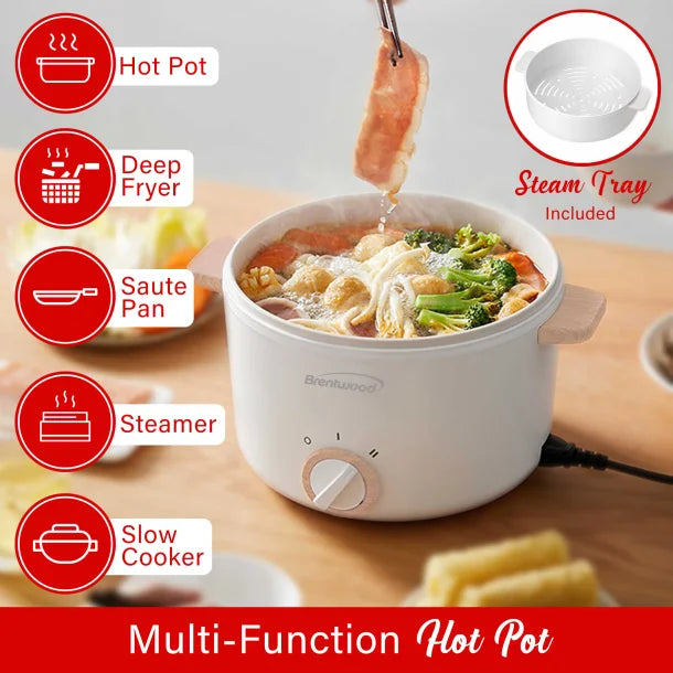 Brentwood® 3.2-Qt. Multi-Function Electric Hot Pot Cooker with Food Steamer and Ceramic Non-Stick Coating, White, HPS-3302W