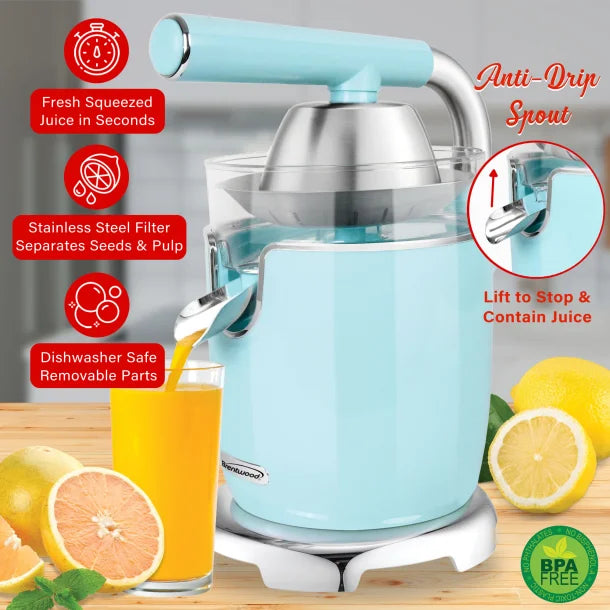 Brentwood® 200-Watt 1-Speed Electric Citrus Juicer with 2 Cones and Stainless Steel Lever (Blue)