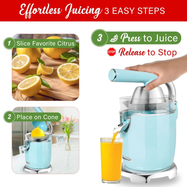 Brentwood® 200-Watt 1-Speed Electric Citrus Juicer with 2 Cones and Stainless Steel Lever (Blue)