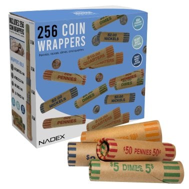 Nadex Coins™ 256 Assorted Preformed Crimped End Coin Roll Wrappers, 64 Each of Nickels, Dimes, Pennies, and Quarters