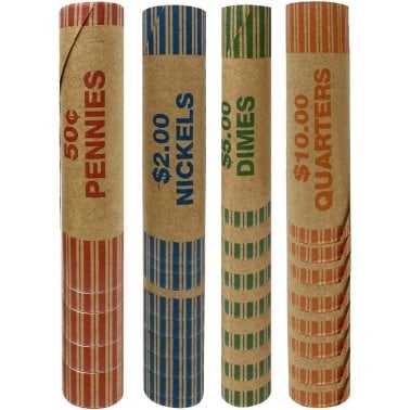 Nadex Coins™ 256 Assorted Preformed Crimped End Coin Roll Wrappers, 64 Each of Nickels, Dimes, Pennies, and Quarters