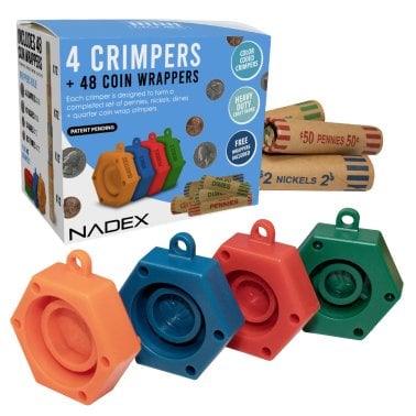 Nadex Coins™ Assorted Preformed Crimped-End Coin-Roll Wrappers with Color-Coded Coin-Wrapper Crimping Tool (48 Pack)