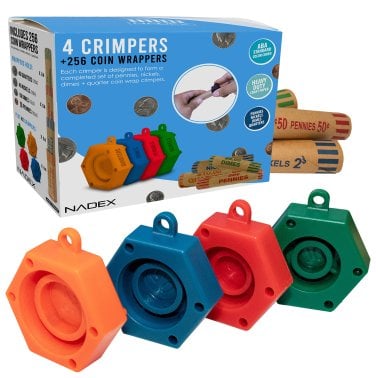 Nadex Coins™ Assorted Preformed Crimped-End Coin-Roll Wrappers with Color-Coded Coin-Wrapper Crimping Tool (256 Pack)