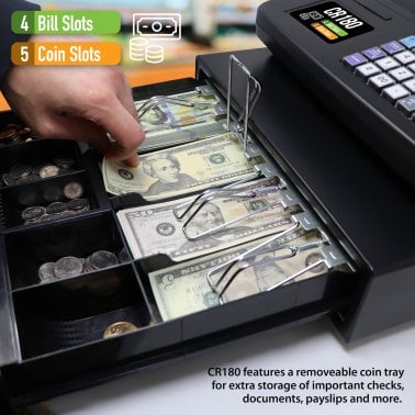 Nadex Coins™ CR180 Steel Cash Register with Coin Drawer, 6,800 PLUs and 60 Departments, Black