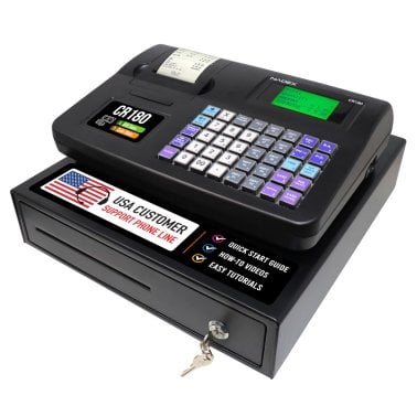 Nadex Coins™ CR180 Steel Cash Register with Coin Drawer, 6,800 PLUs and 60 Departments, Black