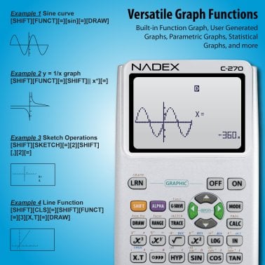 Nadex Coins™ C-270 Scientific Calculator with Black and White Graph Functions, Battery Powered (Silver)