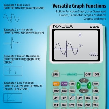 Nadex Coins™ C-270 Scientific Calculator with Black and White Graph Functions, Battery Powered (Green)