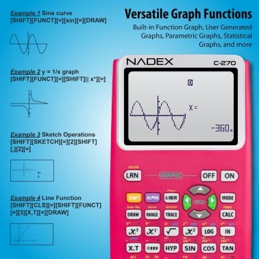 Nadex Coins™ C-270 Scientific Calculator with Black and White Graph Functions, Battery Powered (Pink)