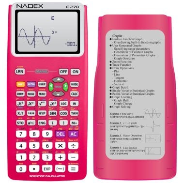 Nadex Coins™ C-270 Scientific Calculator with Black and White Graph Functions, Battery Powered (Pink)