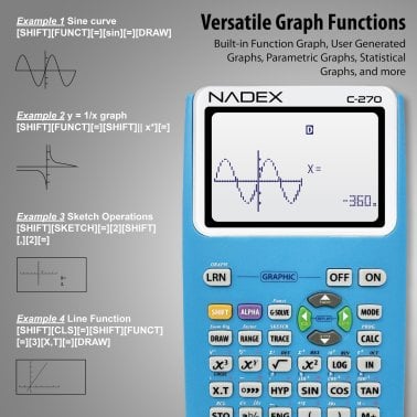 Nadex Coins™ C-270 Scientific Calculator with Black and White Graph Functions, Battery Powered (Blue)