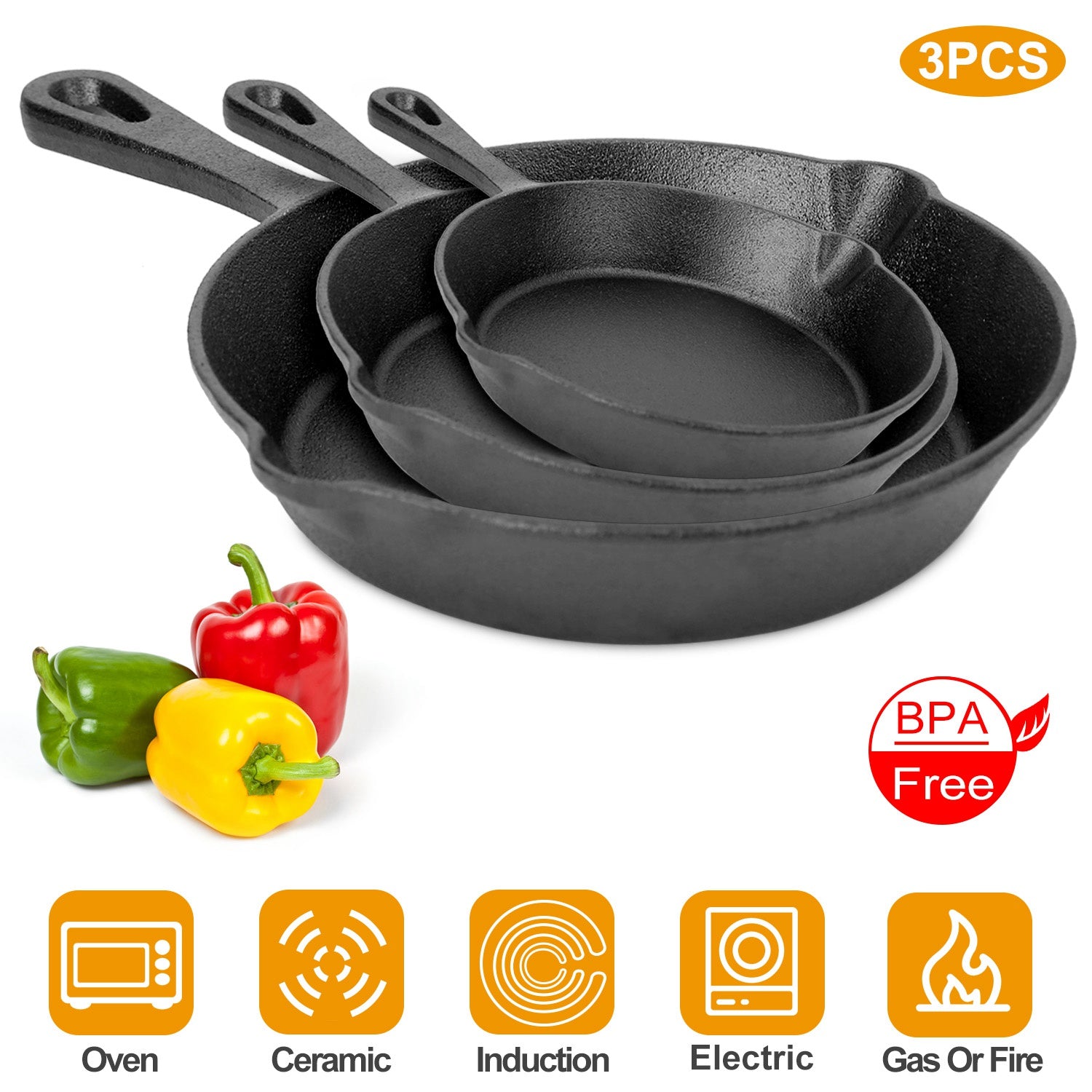 3Pcs Pre-Seasoned Cast Iron Skillet Set 6/8/10in Non-Stick Oven Safe Cookware Heat-Resistant Frying Pan 