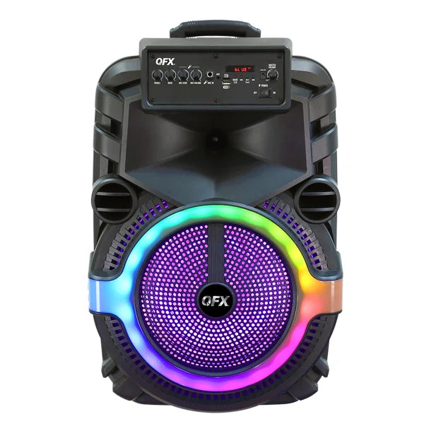 QFX® Portable Bluetooth® True Wireless Speaker with LEDs, Wired Microphone, and Stand, and Remote Black, PBX-158SM