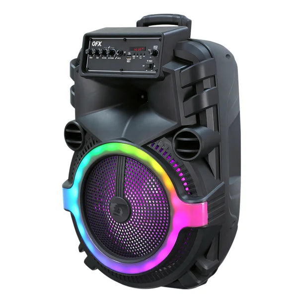 QFX® Portable Bluetooth® True Wireless Speaker with LEDs, Wired Microphone, and Stand, and Remote Black, PBX-158SM