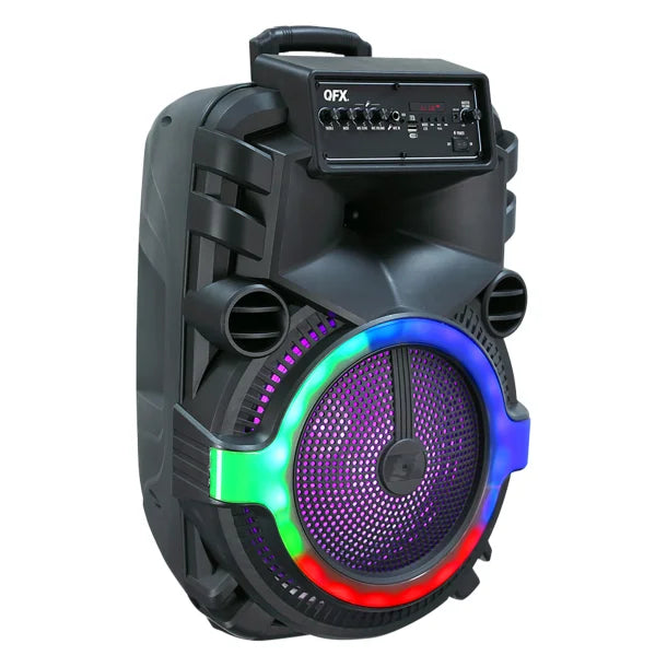 QFX® Portable Bluetooth® True Wireless Speaker with LEDs, Wired Microphone, and Stand, and Remote Black, PBX-158SM