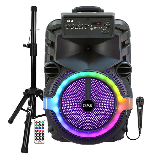 QFX® Portable Bluetooth® True Wireless Speaker with LEDs, Wired Microphone, and Stand, and Remote Black, PBX-158SM