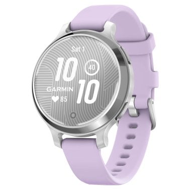 Garmin® Lily® 2 Active Health and Fitness GPS Smartwatch with Anodized Aluminum Bezel and Silicone Band (Silver with Purple Jasmine)