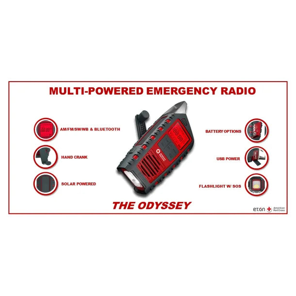 American Red Cross® by Eton® ODYSSEY Bluetooth® Portable Weather Radio with AM/FM/Shortwave/NOAA® Alerts and Flashlight, Red and Black