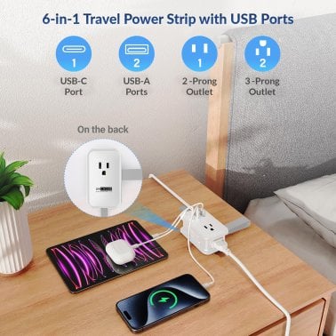 Uncaged Ergonomics® Portable Travel Power Strip, 3 AC Outlets, 2 USB-A Ports, and 1 USB-C® 20-Watt Fast-Charging Port, 3-Ft. Cord (White)