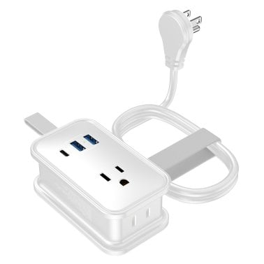 Uncaged Ergonomics® Portable Travel Power Strip, 3 AC Outlets, 2 USB-A Ports, and 1 USB-C® 20-Watt Fast-Charging Port, 3-Ft. Cord (White)