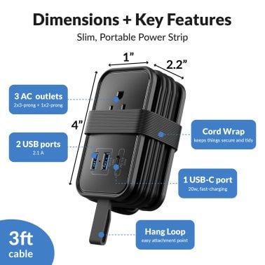 Uncaged Ergonomics® Portable Travel Power Strip, 3 AC Outlets, 2 USB-A Ports, and 1 USB-C® 20-Watt Fast-Charging Port, 3-Ft. Cord (Black)