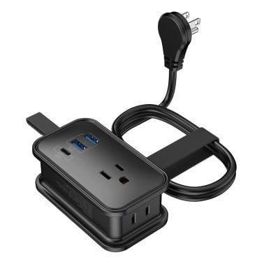 Uncaged Ergonomics® Portable Travel Power Strip, 3 AC Outlets, 2 USB-A Ports, and 1 USB-C® 20-Watt Fast-Charging Port, 3-Ft. Cord (Black)