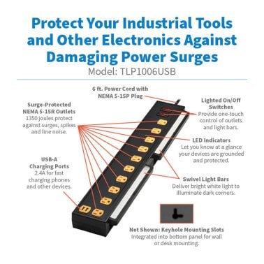 Tripp Lite® by Eaton® Protect It!® 1,350-Joules Surge Protector with 2 Swivel Light Bars, 10 Outlets with 4 USB Ports, 6-Ft. Cord, TLP1006USB