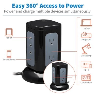 Tripp Lite® by Eaton® Protect It!® 1,800-Joules Surge Protector Tower, 6 Outlets with 4 USB Ports, 8-Ft. Cord, TLP606UCTOWER