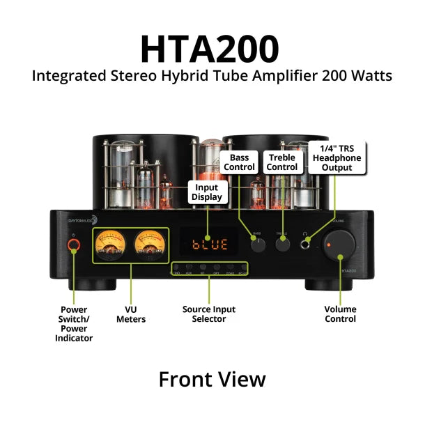 Dayton Audio® HTA200 200-Watt-Continuous Integrated 2.1 Hybrid Tube Amplifier with Bluetooth®, Remote, and Phono Preamp