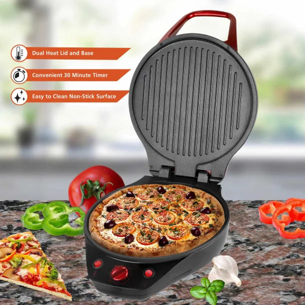 Brentwood® TS-124R 1,200-Watt 12-In. Non-Stick Pizza Maker and Grill with Timer, Red