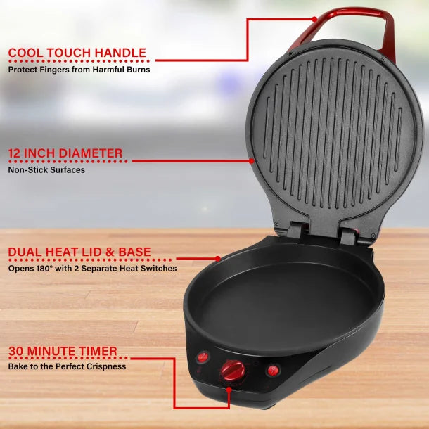 Brentwood® TS-124R 1,200-Watt 12-In. Non-Stick Pizza Maker and Grill with Timer, Red