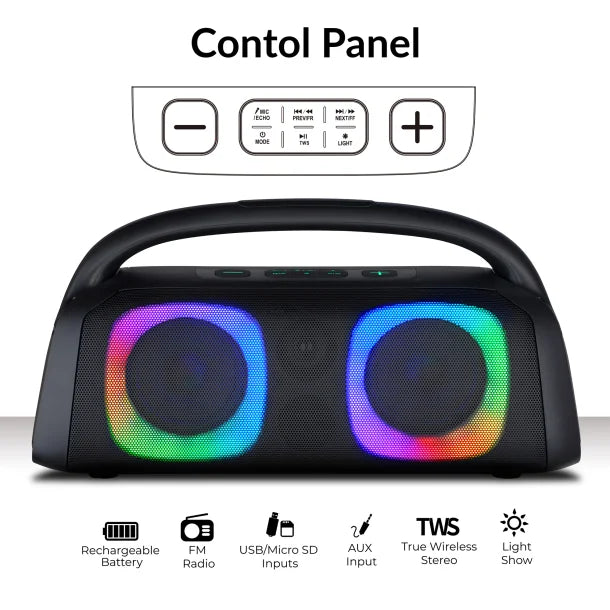 IQ Sound® Bluetooth® Boom Box Speaker with FM Radio, RGB Light Show, and Remote, True Wireless, Black, IQ-3540BT