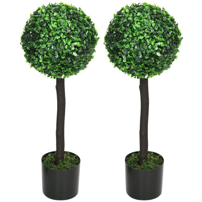 HOMCOM 2ft Artificial Boxwood Ball Trees: Set of 2 Fake Plants in Pot for Indoor Outdoor, Green 