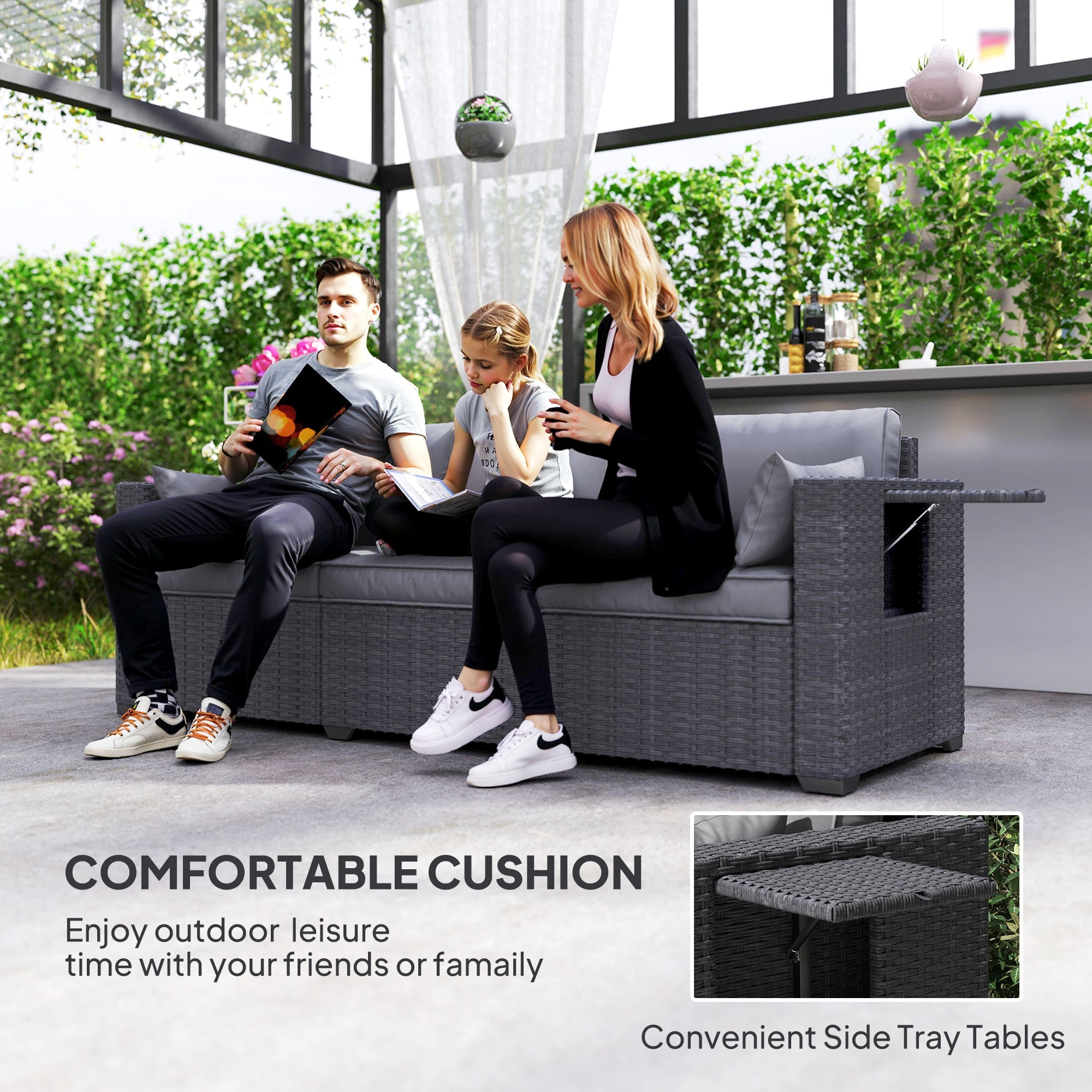 Outsunny 3 Seater Wicker Patio Sofa with Side Trays, Outdoor Couch with 6" Thick Back Cushions, Deep Seating, Grey 