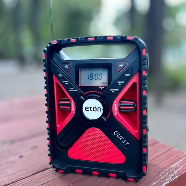 Eton® Quest Bluetooth® Portable Weather Radio with AM/FM/Shortwave/NOAA® Alerts, Flashlight, and Ambient Light, Red and Black