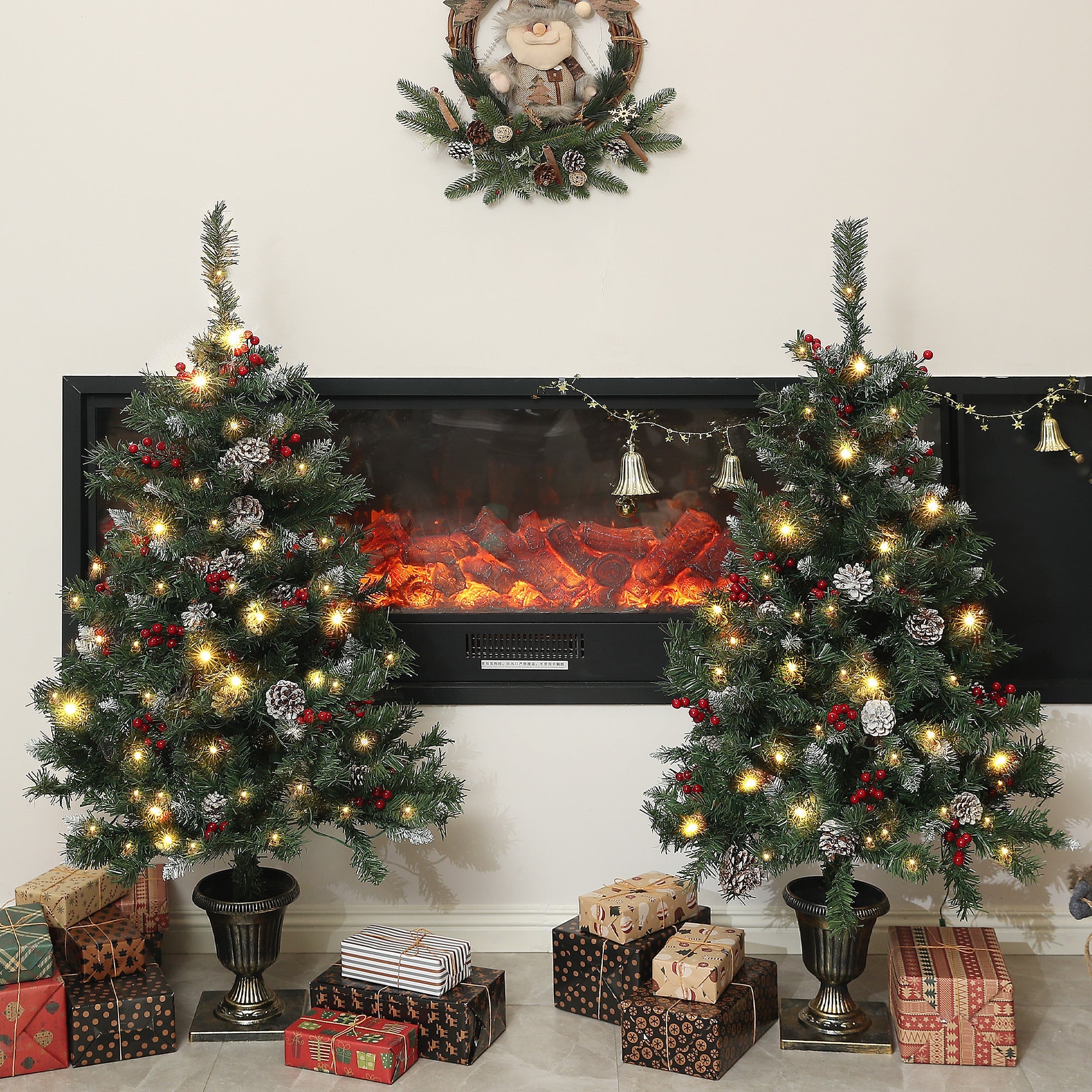 HOMCOM 4FT Pre-Lit Decorated Christmas Tree with Red Berries and Pine Cones Snow Flocked Christmas Tree with LED Lights Green 