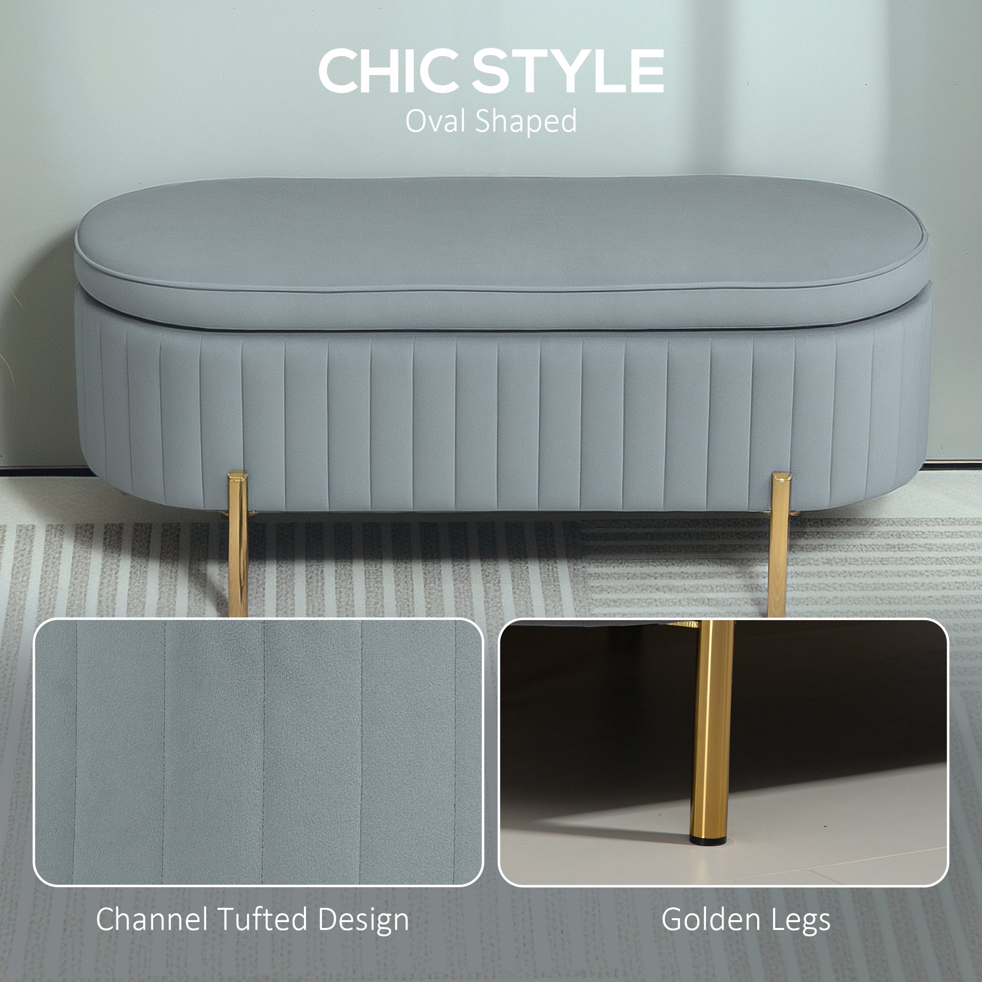 HOMCOM Upholstered Bedroom Bench, Channel Tufted Ottoman Bench with Thick Padding and Metal Legs, Grey 
