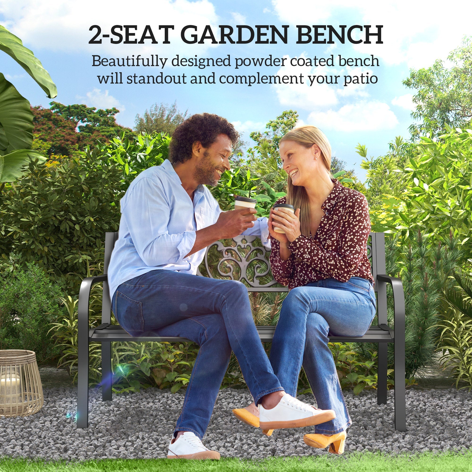 Outsunny Garden Bench 50" 2-Seater Outdoor Blossoming Pattern Loveseat Elegant Black 