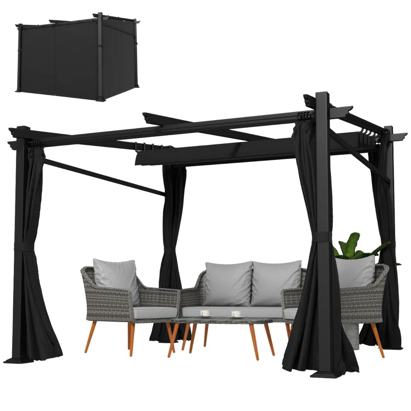 Metal Pergola with Sliding Roof Canopy, Retractable Pergola Canopy, 10' x 10', Black