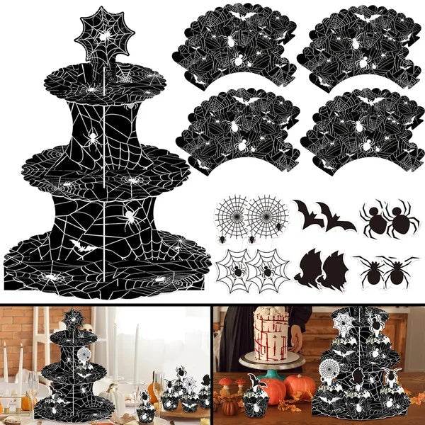 3 Tier Halloween Cupcake Stand Black Spider Web Cardboard Cupcake Stand Spider Bat Cupcake Toppers Halloween Cupcake Holder Tower For Halloween Birthday Party Supplies 